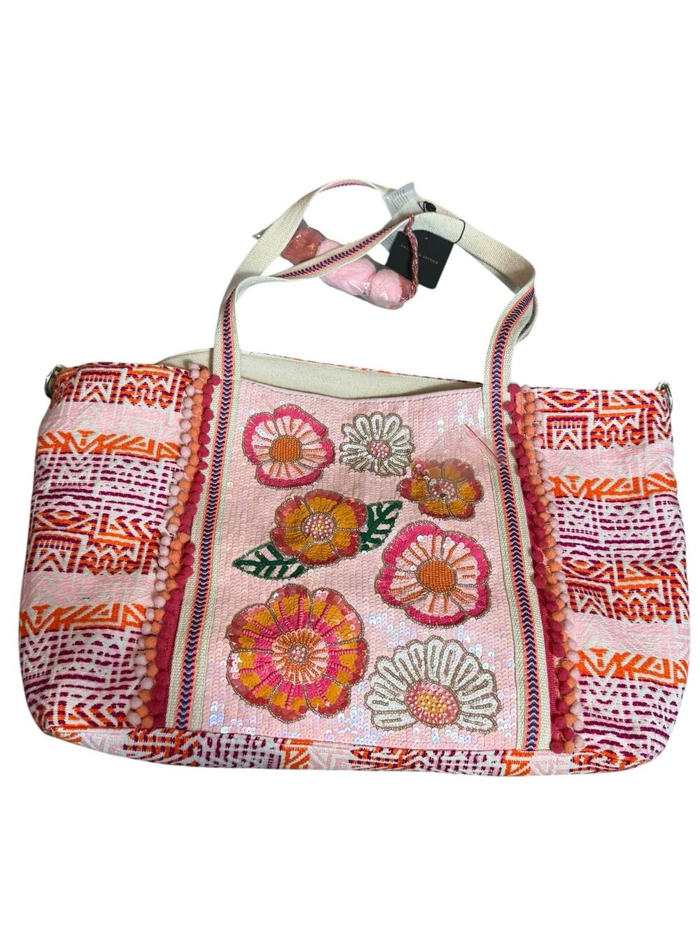 America & Beyond NWT Beaded Floral Tote Bag 3-Piece Set Wristlet Coin Pouch Boho